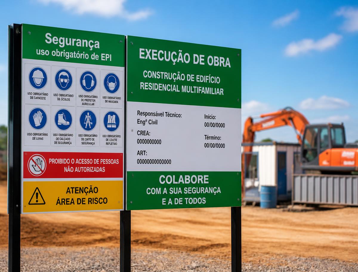 Placa Sudene e de segurança instalada em canteiro de obras
