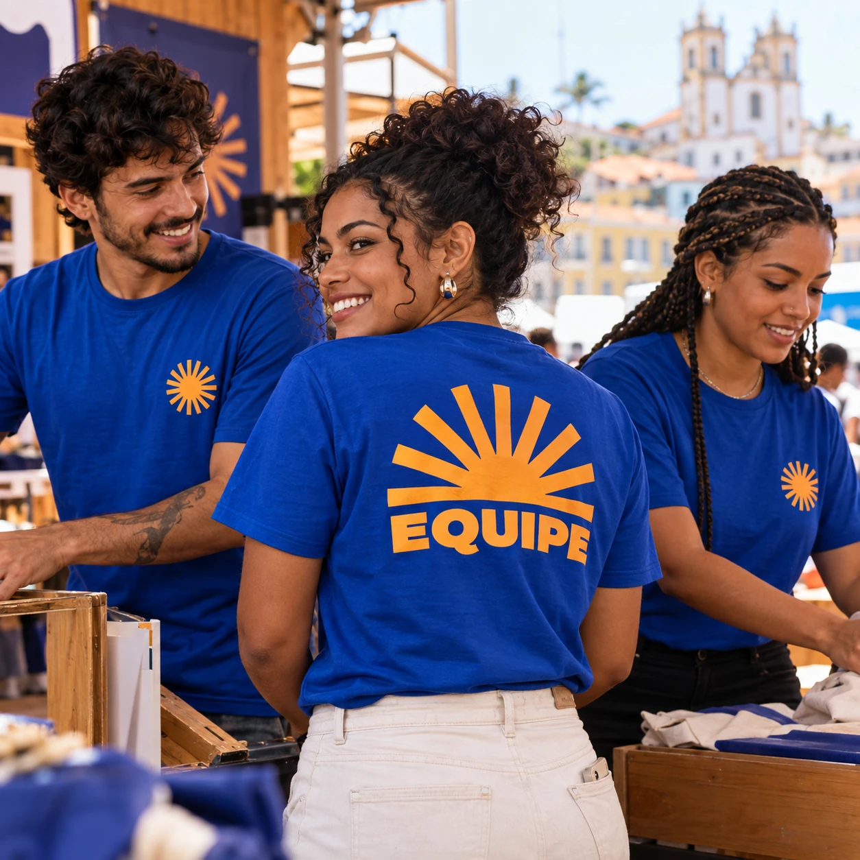 Exemplo ilustrativo de equipe com camisas personalizadas e identidade visual de empresa