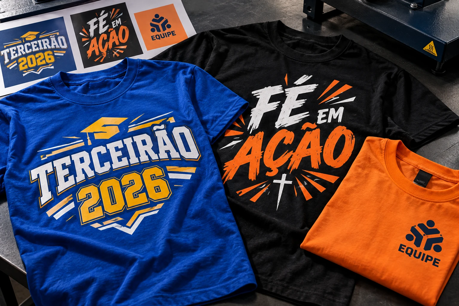 Exemplos ilustrativos de camisas para empresas, formaturas e encontros de igreja